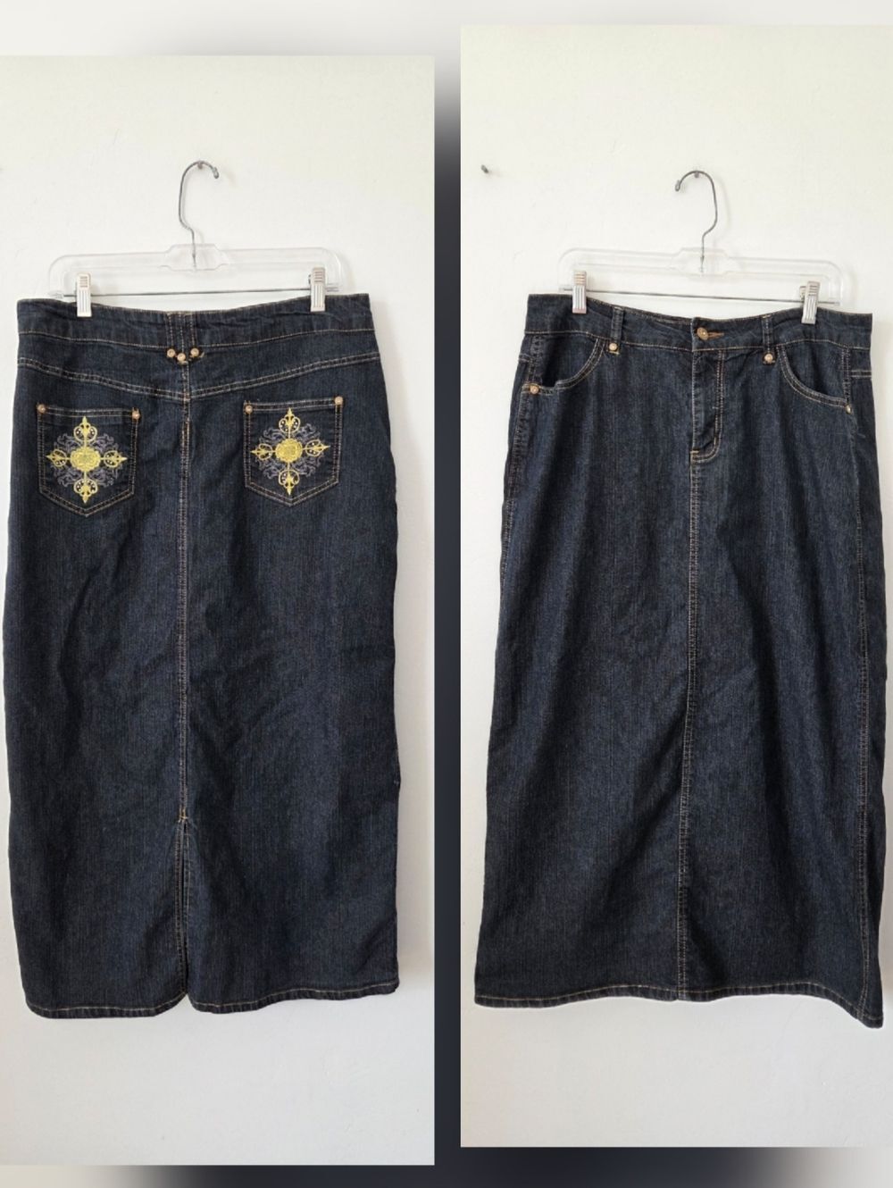 Street Jeans Dark Wash Denim Jean Maxi Skirt Y2K 90s Embroidered Hippie Large